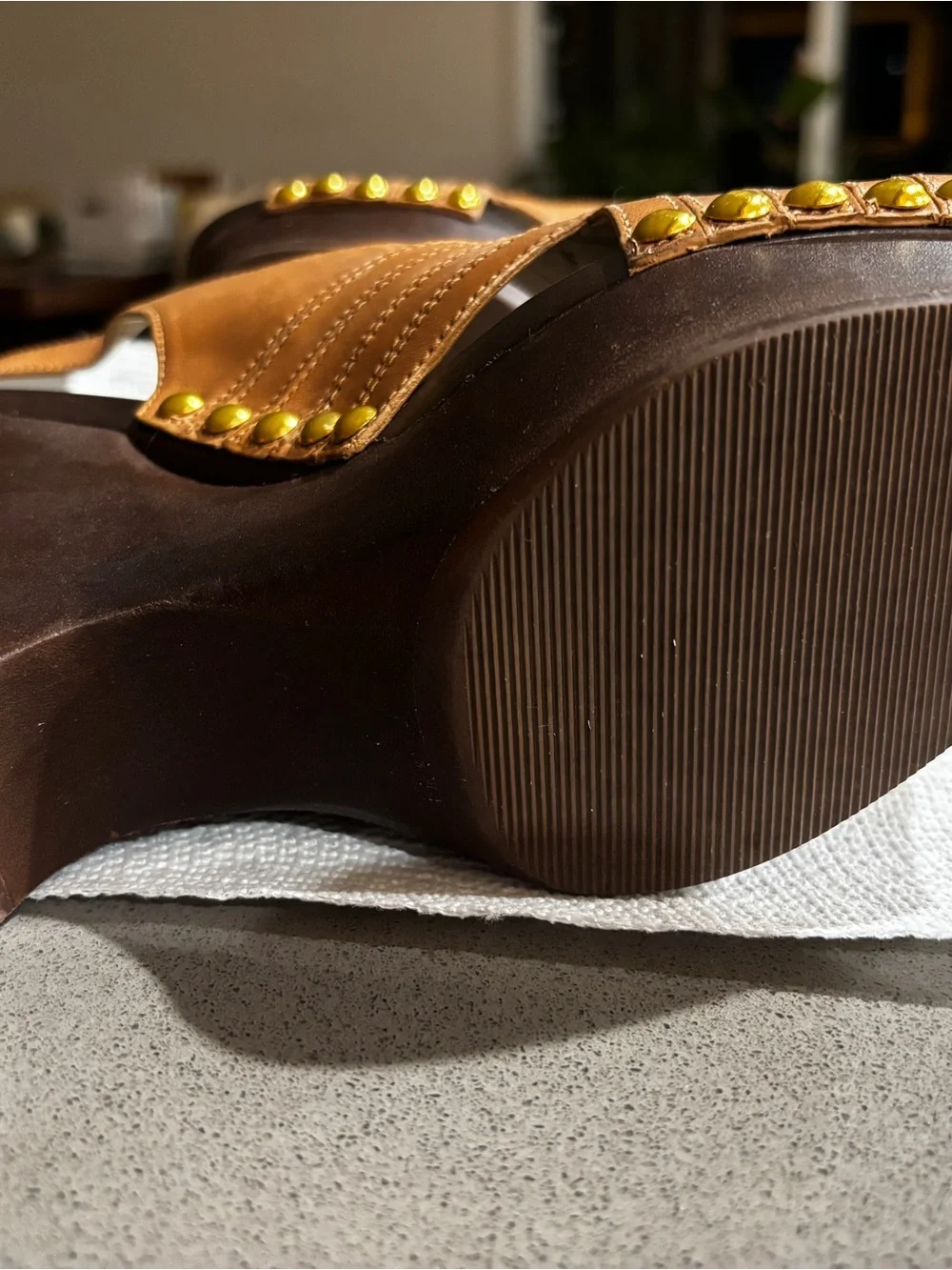 Michael Kors Cognac Leather Wedge Slingback Sandals with Gold Studs